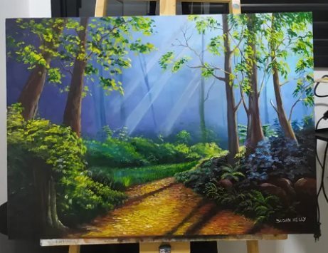 Pintura de uma trilha de luz dourada em uma floresta com raios de sol