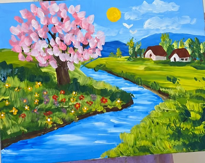 Pintura de paisagem com cerejeira em flor, rio azul e casas ao fundo
